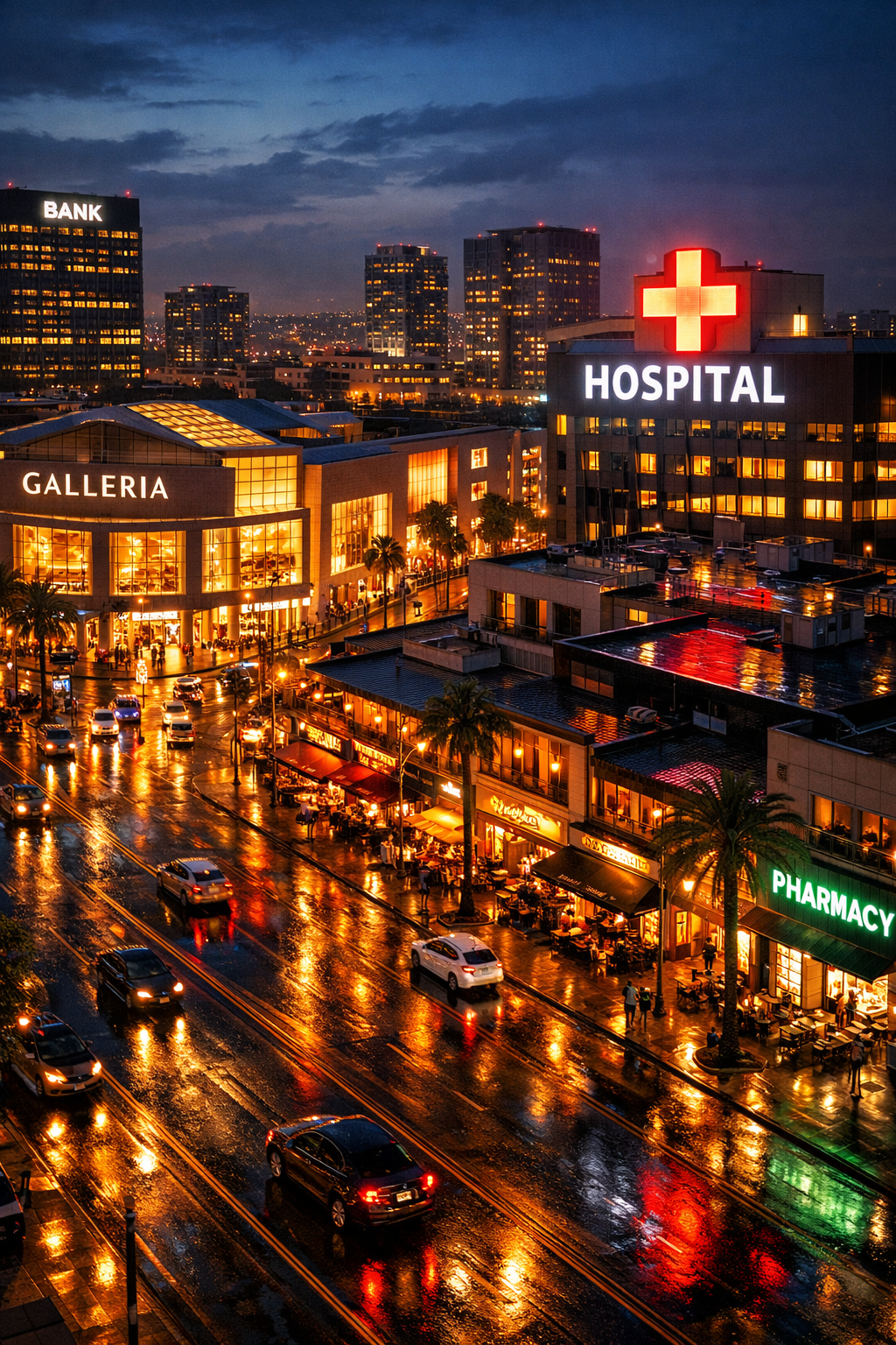 Vibrant city street at night with shops, hospitals, banks, and restaurants